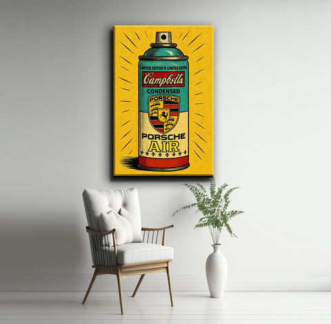 Canvas Kunstwerk auf Holzrahmen – Porsche Air Spray x Campbell's
